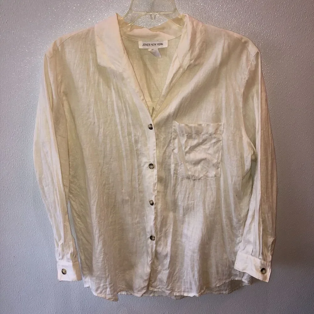 Jones New York Womens 14W Cream 100% Linen Long Sleeve Button Up Shirt Top 14 - Picture 3 of 7